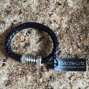 Lizaschwartz black braided leather burnish silver screw/crystal accent bracelet